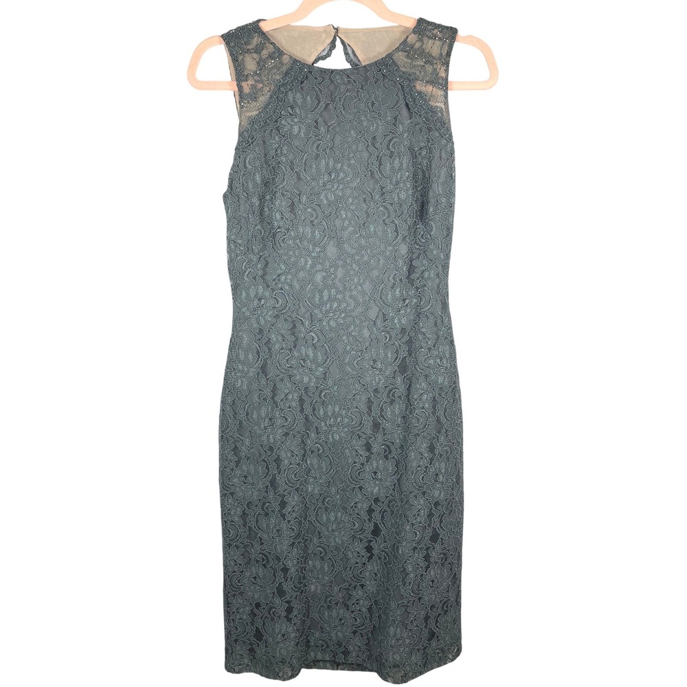 Lauren Ralph Lauren Evening Dress 6 Gray Lace Beaded Open Back Cocktail